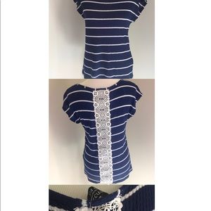 Navy and white striped top with lace detail